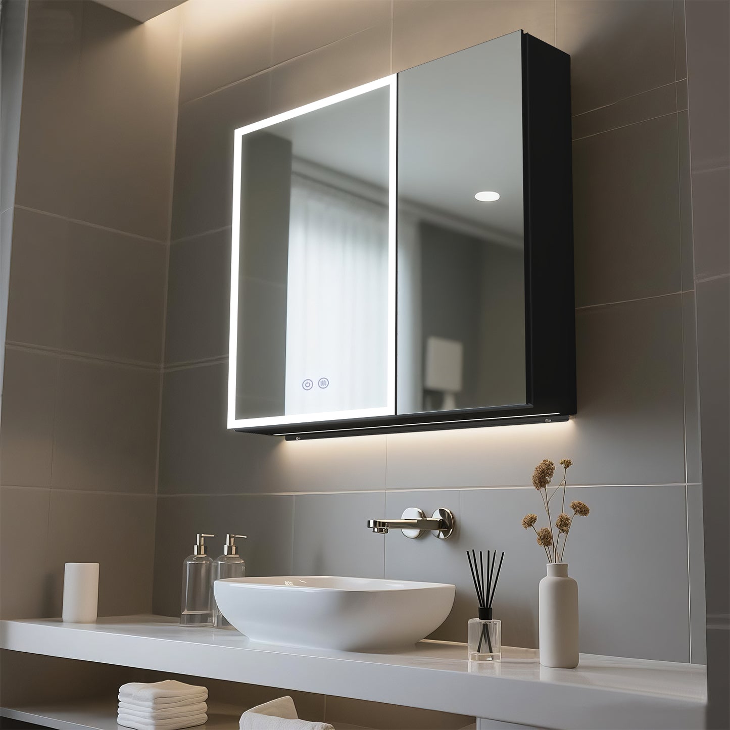 FIESONO 30x28 inch LED Bathroom Mirror Medicine Cabinet with Anti-Fog