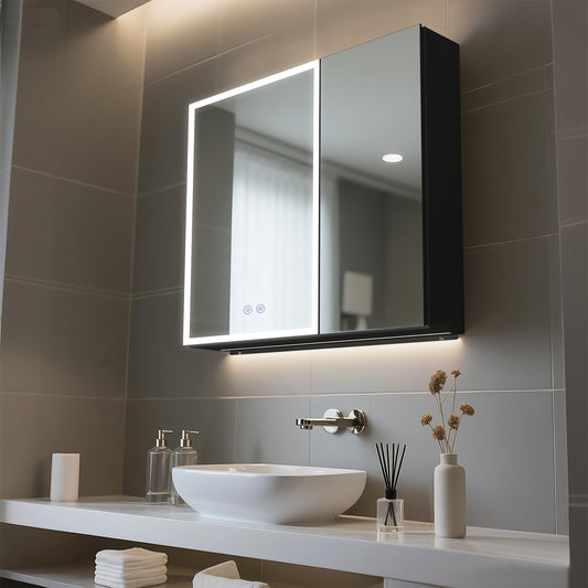 FIESONO 30x28 inch LED Bathroom Mirror Medicine Cabinet with Anti-Fog
