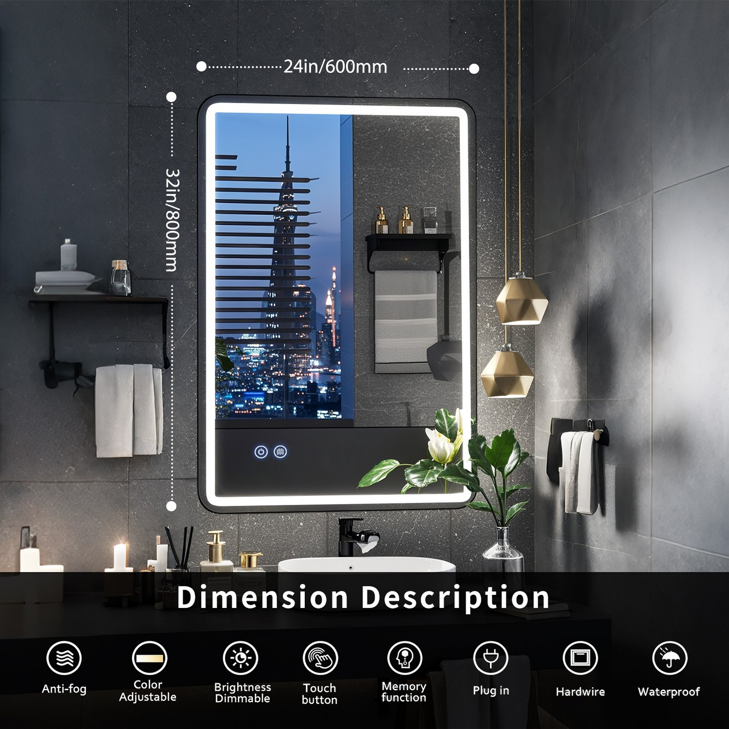 FIESONO 24x32 inch Frameless Rounded Corner LED Bathroom Vanity Mirror