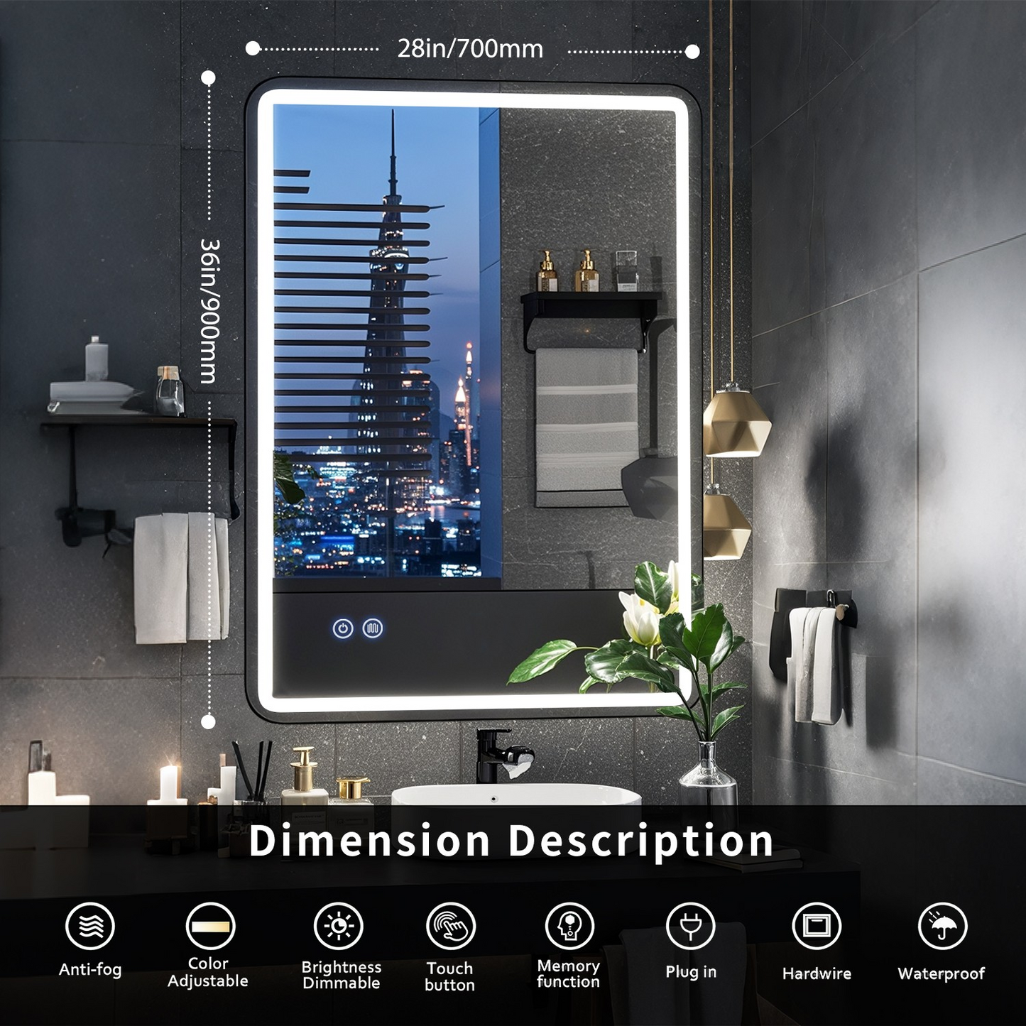 FIESONO 28x36 inch Frameless Rounded Corner LED Bathroom Vanity Mirror