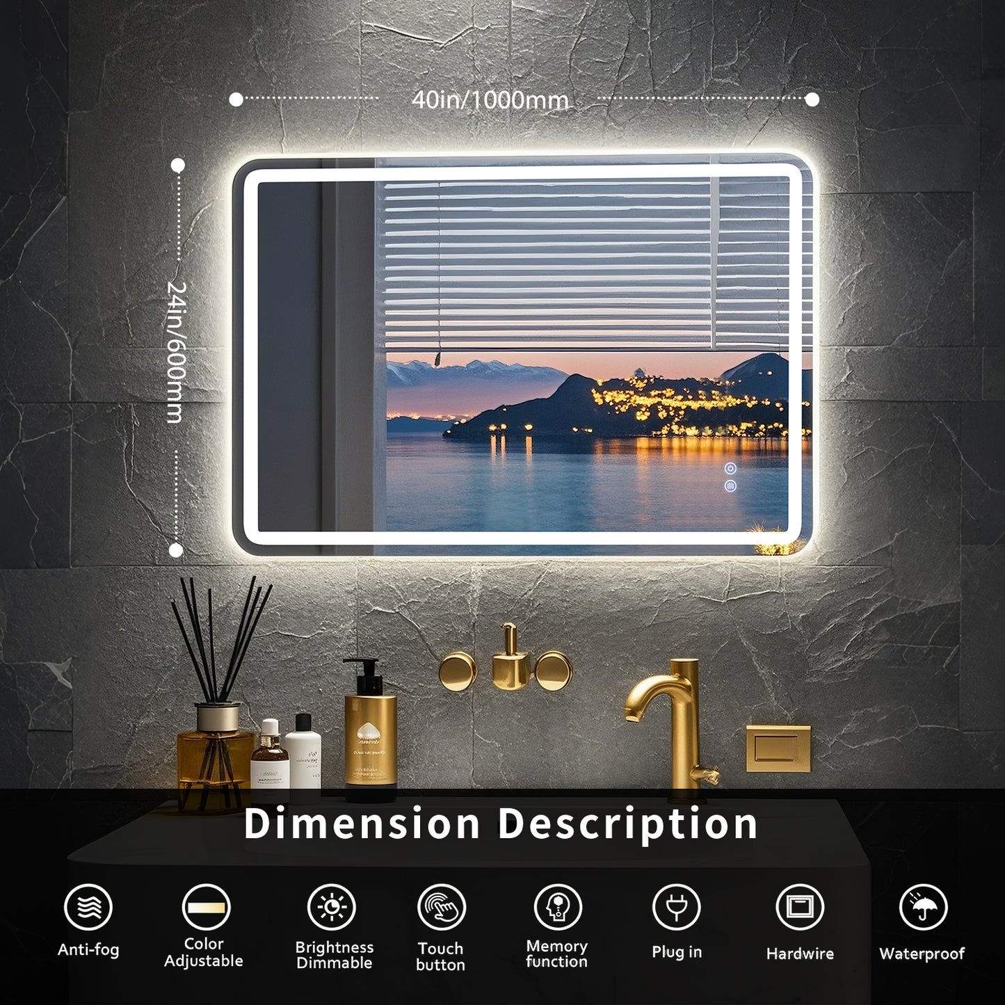 FIESONO 40x24 inch Frameless Rounded Corner LED Bathroom Vanity Mirror