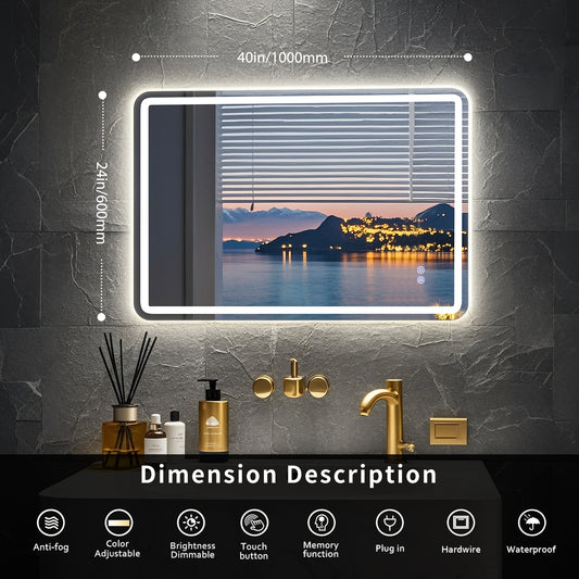 FIESONO 40x24 inch Frameless Rounded Corner LED Bathroom Vanity Mirror