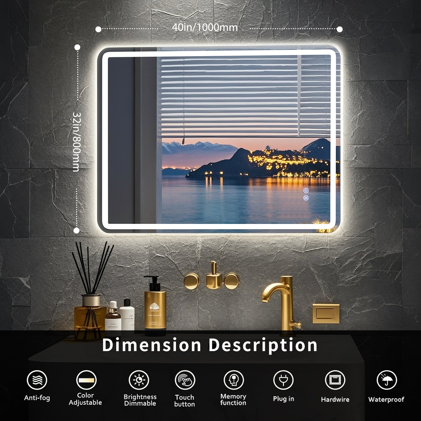 FIESONO 40x32 inch Frameless Rounded Corner LED Bathroom Vanity Mirror