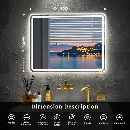 FIESONO 40x32 inch Frameless Rounded Corner LED Bathroom Vanity Mirror