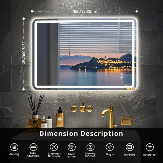 FIESONO 48x32 inch Frameless Rounded Corner LED Bathroom Vanity Mirror