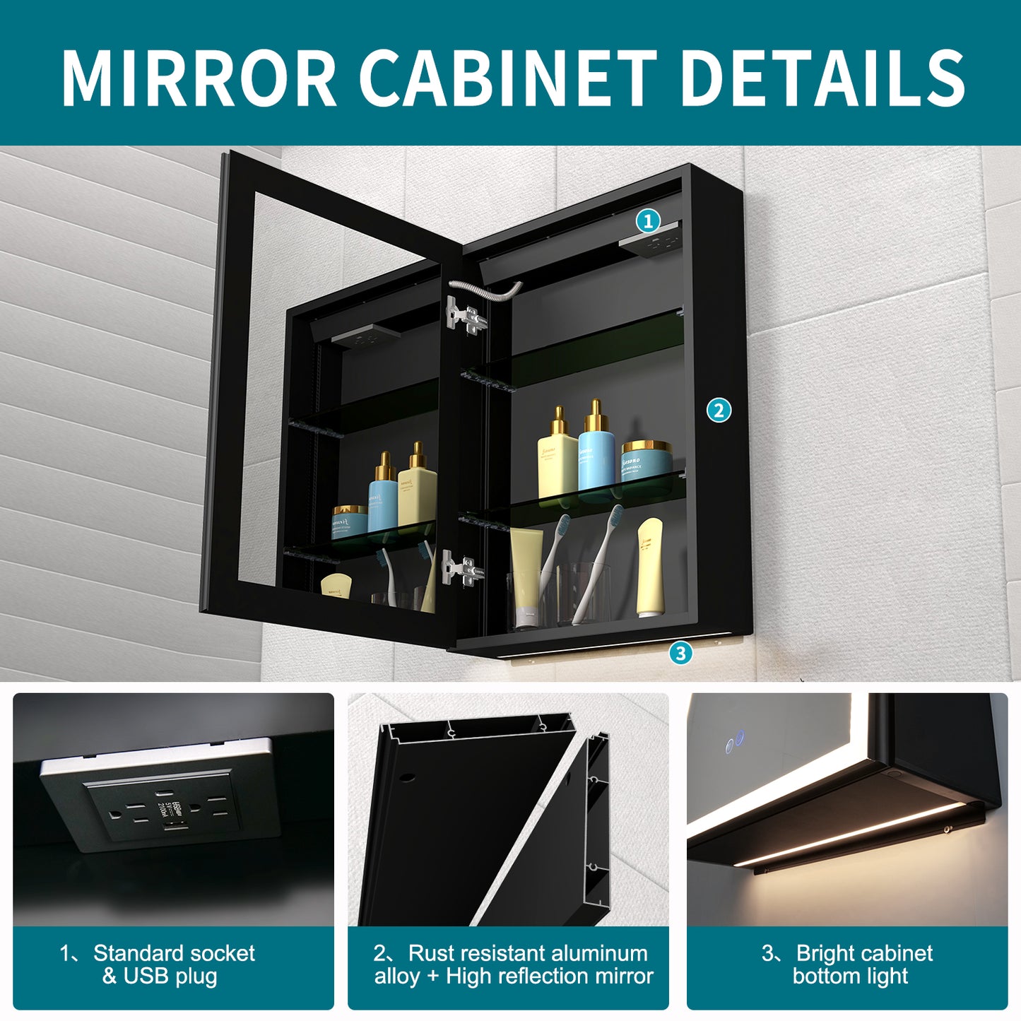 FIESONO 20x28 inch LED Bathroom Mirror Medicine Cabinet with Anti-Fog