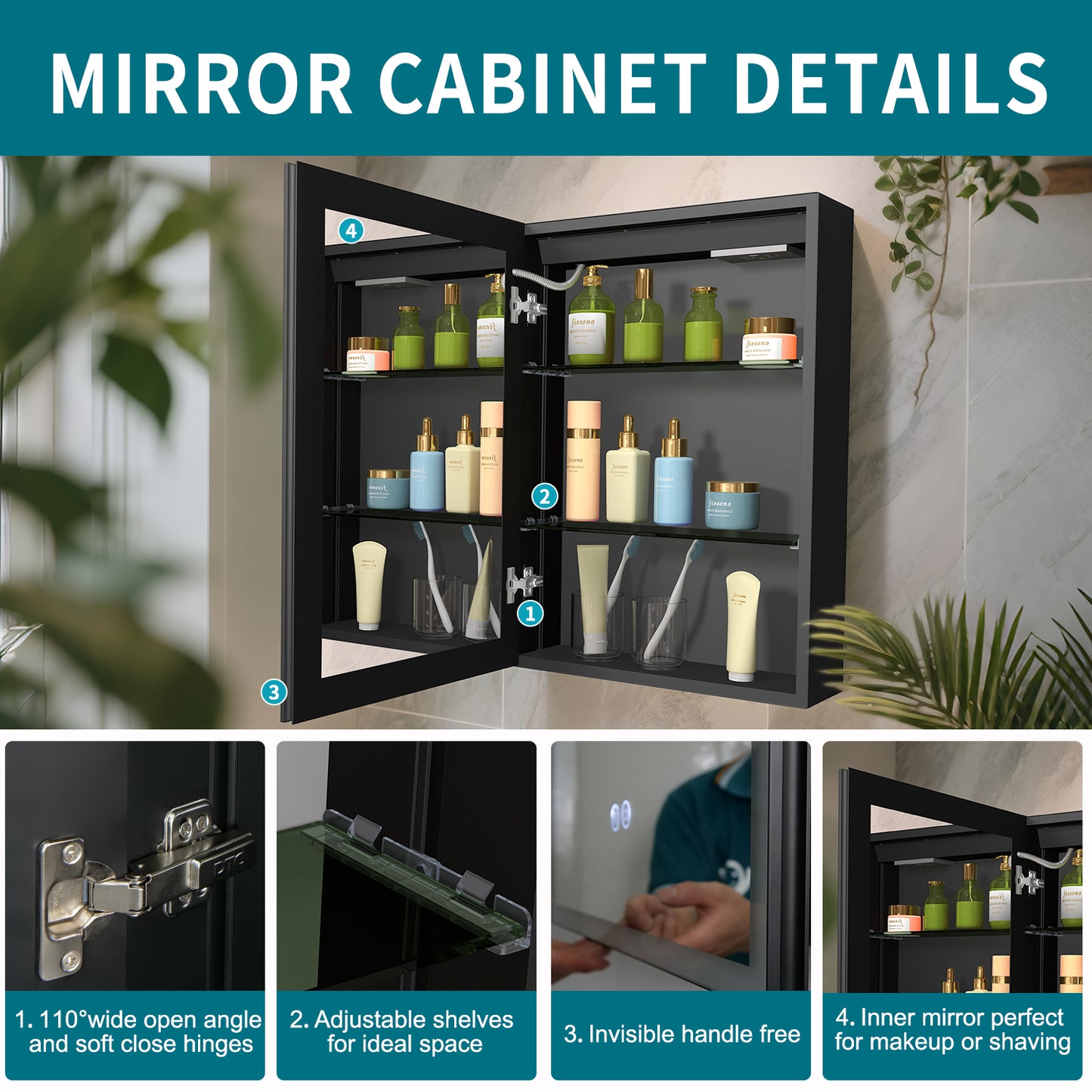 FIESONO 20x28 inch LED Bathroom Mirror Medicine Cabinet with Anti-Fog