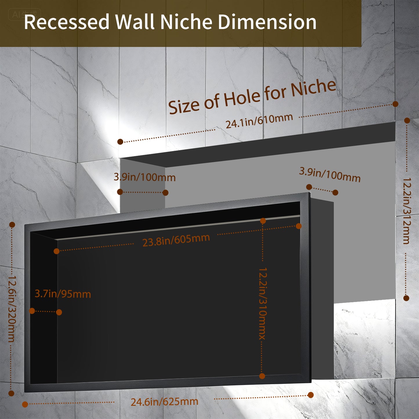 FIESONO Stainless Steel 12" x 25" Shower Niche with Light