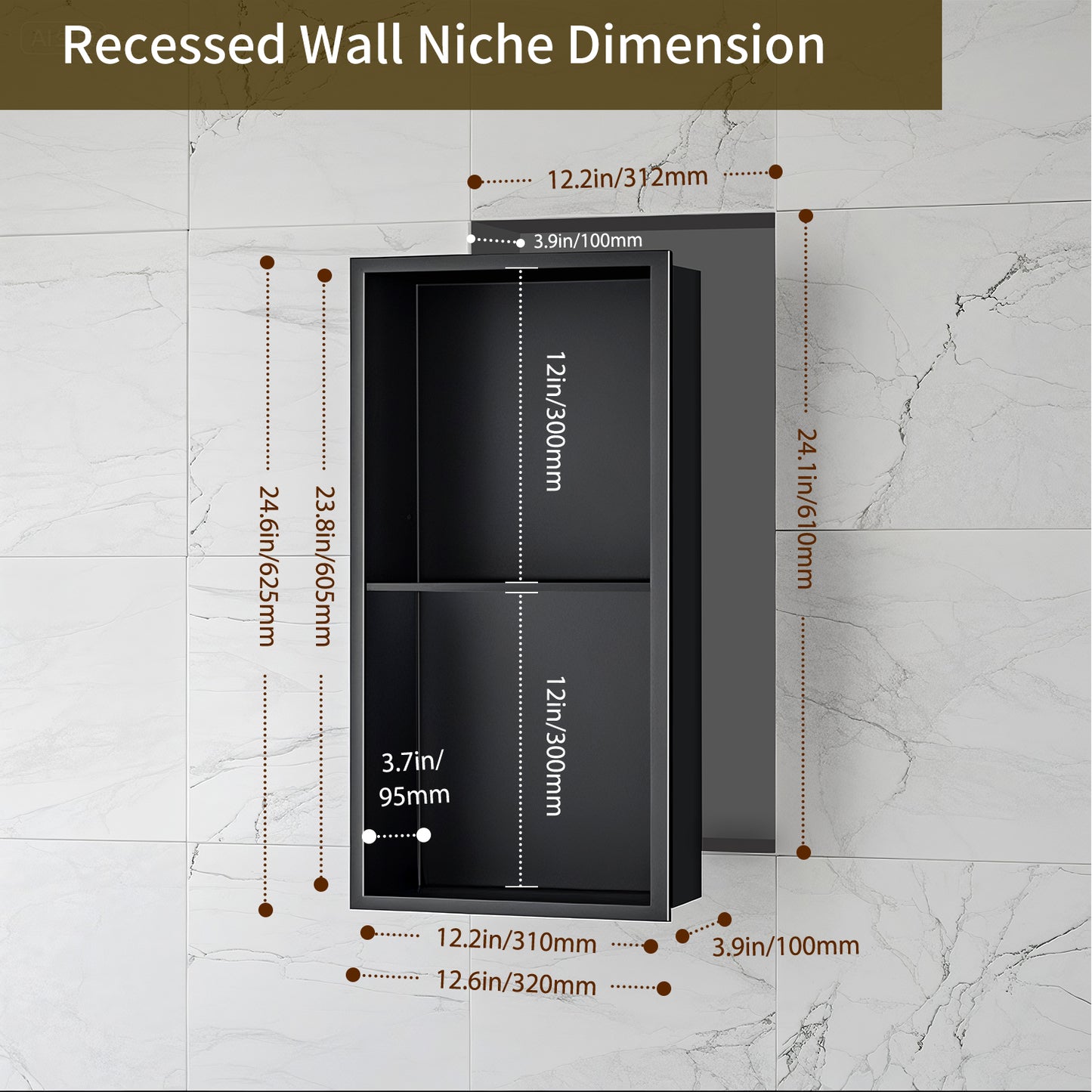 FIESONO Stainless Steel 12" x 24" Shower Niche with Shelf