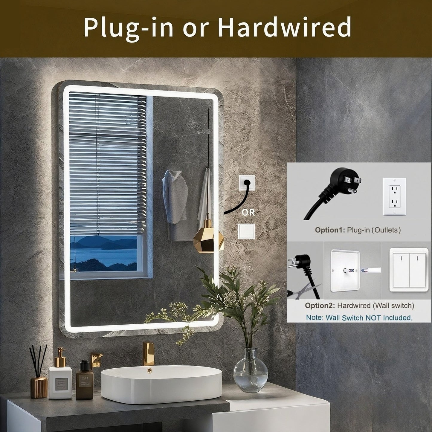 FIESONO 40x24 inch Frameless Rounded Corner LED Bathroom Vanity Mirror