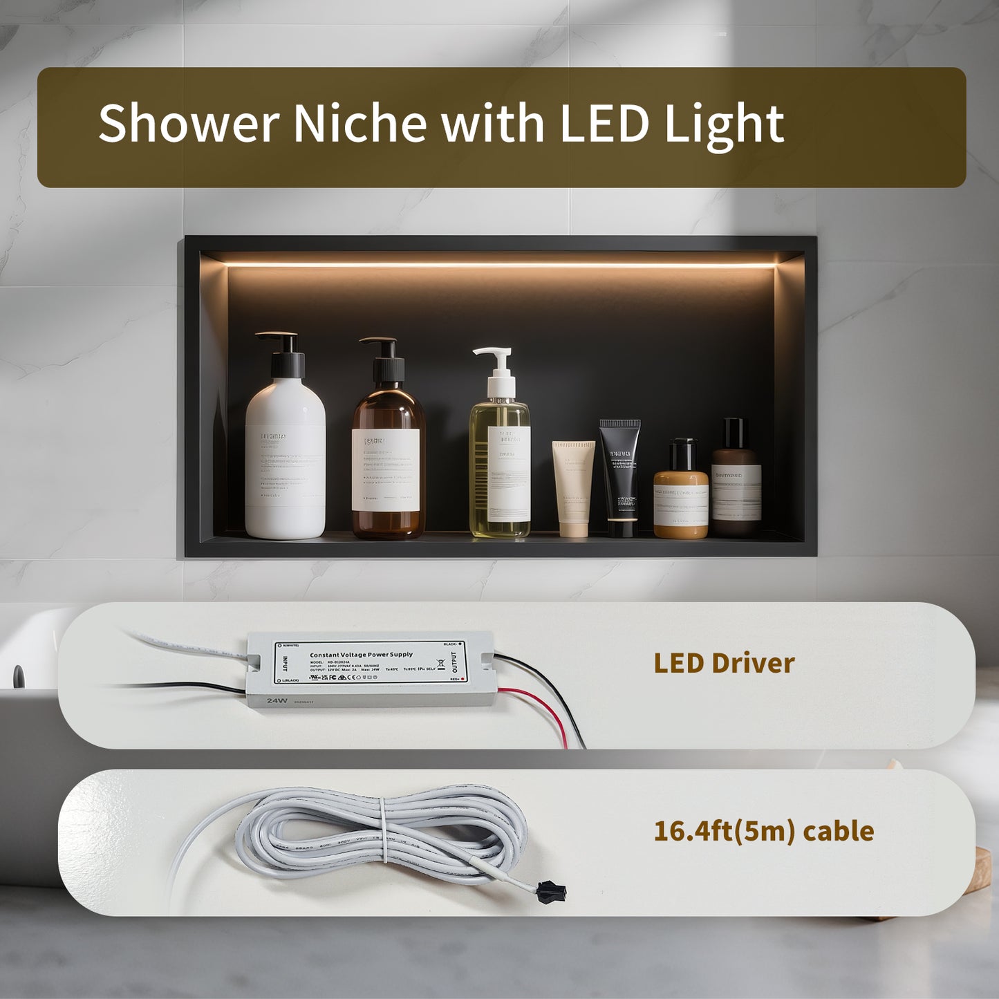 FIESONO Stainless Steel 12" x 25" Shower Niche with Light