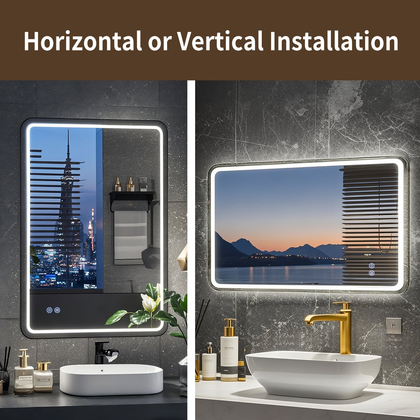 FIESONO 40x24 inch Frameless Rounded Corner LED Bathroom Vanity Mirror