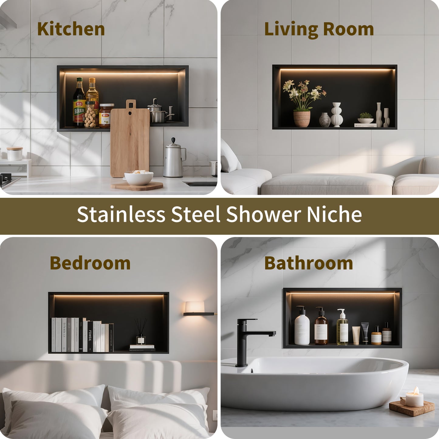 FIESONO Stainless Steel 12" x 25" Shower Niche with Light