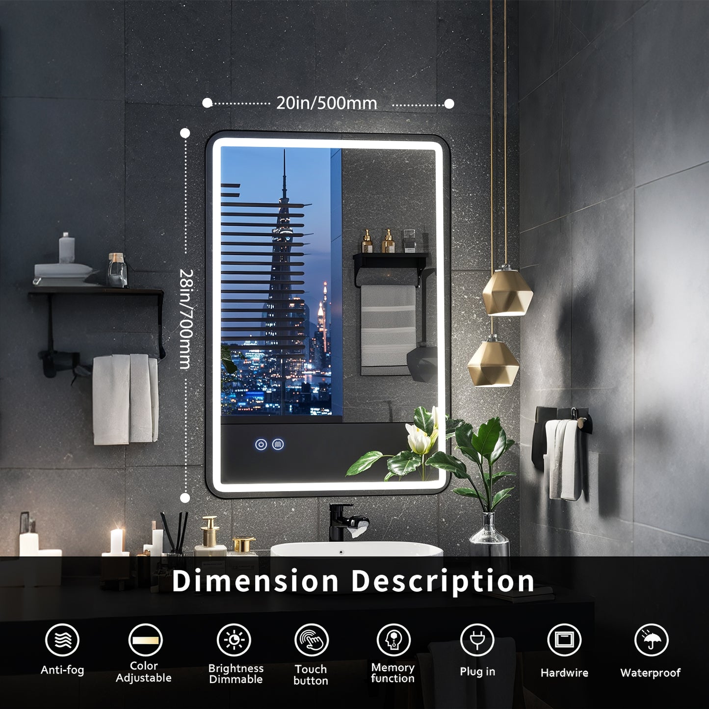 FIESONO 20x28 inch Frameless Rounded Corner LED Bathroom Vanity Mirror