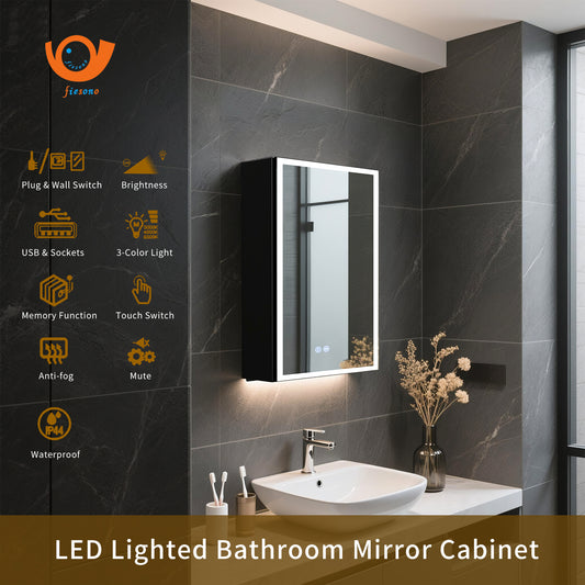 FIESONO 20x28 inch LED Bathroom Mirror Medicine Cabinet with Anti-Fog