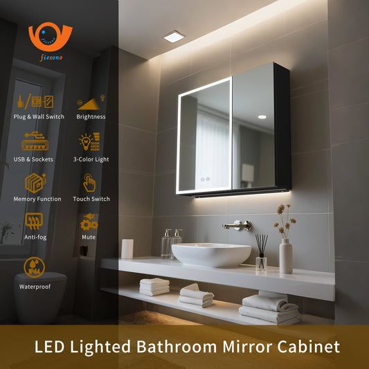 FIESONO 30x28 inch LED Bathroom Mirror Medicine Cabinet with Anti-Fog