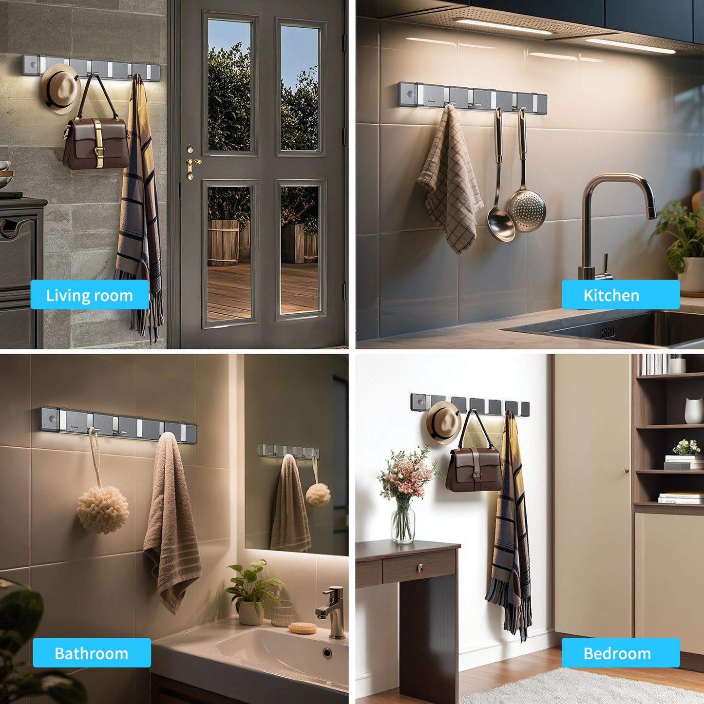 FIESONO Stainless Steel Lighted Wall Mount Folding Coat Hooks with 6 Foldable Space Saving Hooks