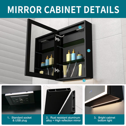 FIESONO 20x28 inch LED Bathroom Mirror Medicine Cabinet with Anti-Fog