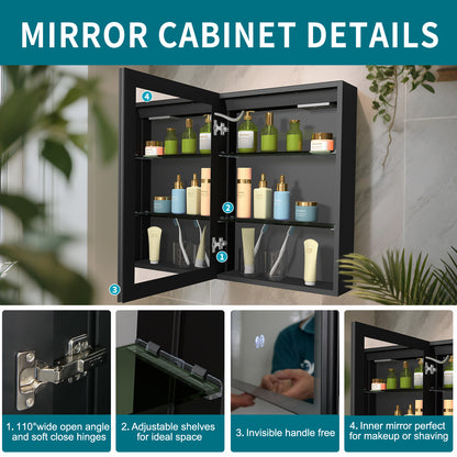 FIESONO 20x28 inch LED Bathroom Mirror Medicine Cabinet with Anti-Fog