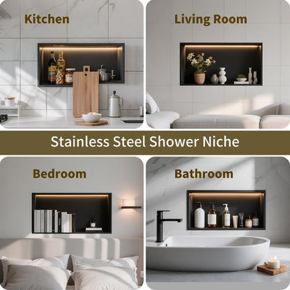 FIESONO Stainless Steel 12" x 25" Shower Niche with Light